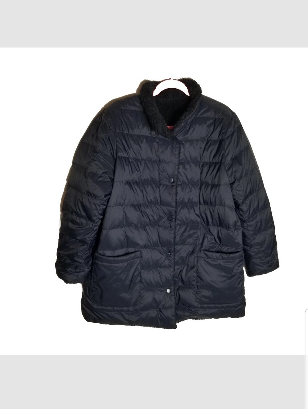 J.Jill Down Puffer Jacket Women’s Size Medium Navy Blue Fleece Lined Snap Front